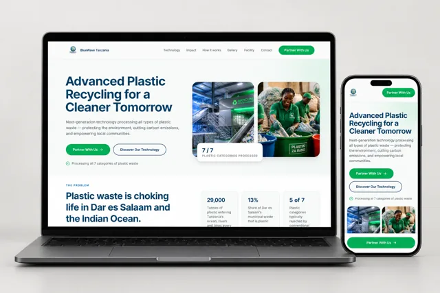BlueWave Tanzania: lyst hjemmesidekoncept med blå og grønne detaljer
