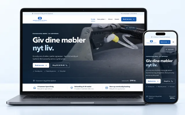 Møbelrens og Sofa: blå hjemmeside med mobilvenlig booking
