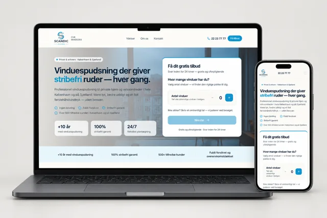Scandic Clean: lyst, blåt webdesign vist på computer og telefon
